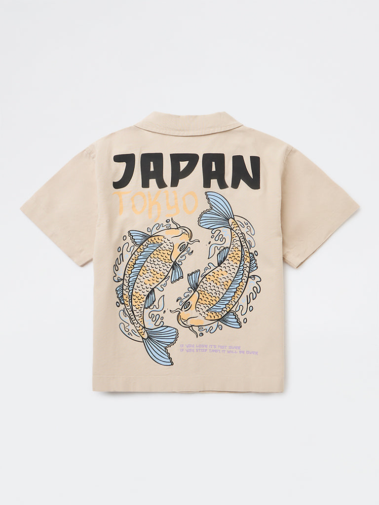 Boys Beige Graphic Printed Cotton Shirt