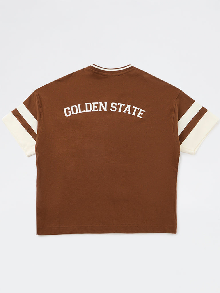 Boys Brown Numerical Printed Cotton T-Shirt
