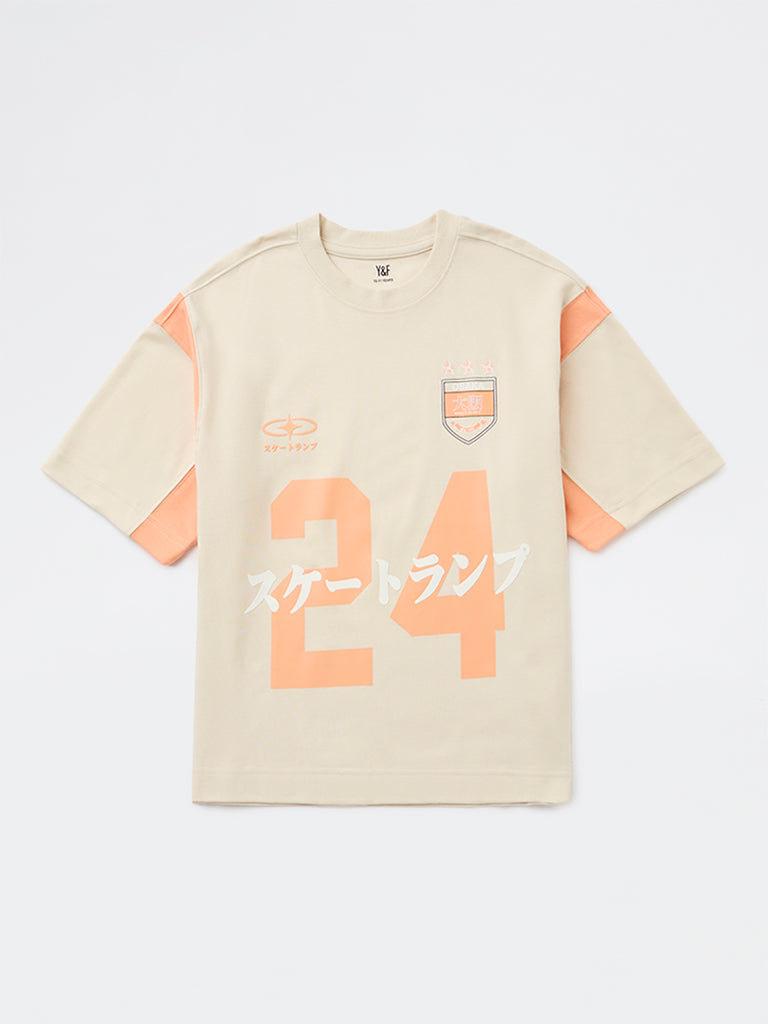 Boys Beige Printed Cotton T-Shirt