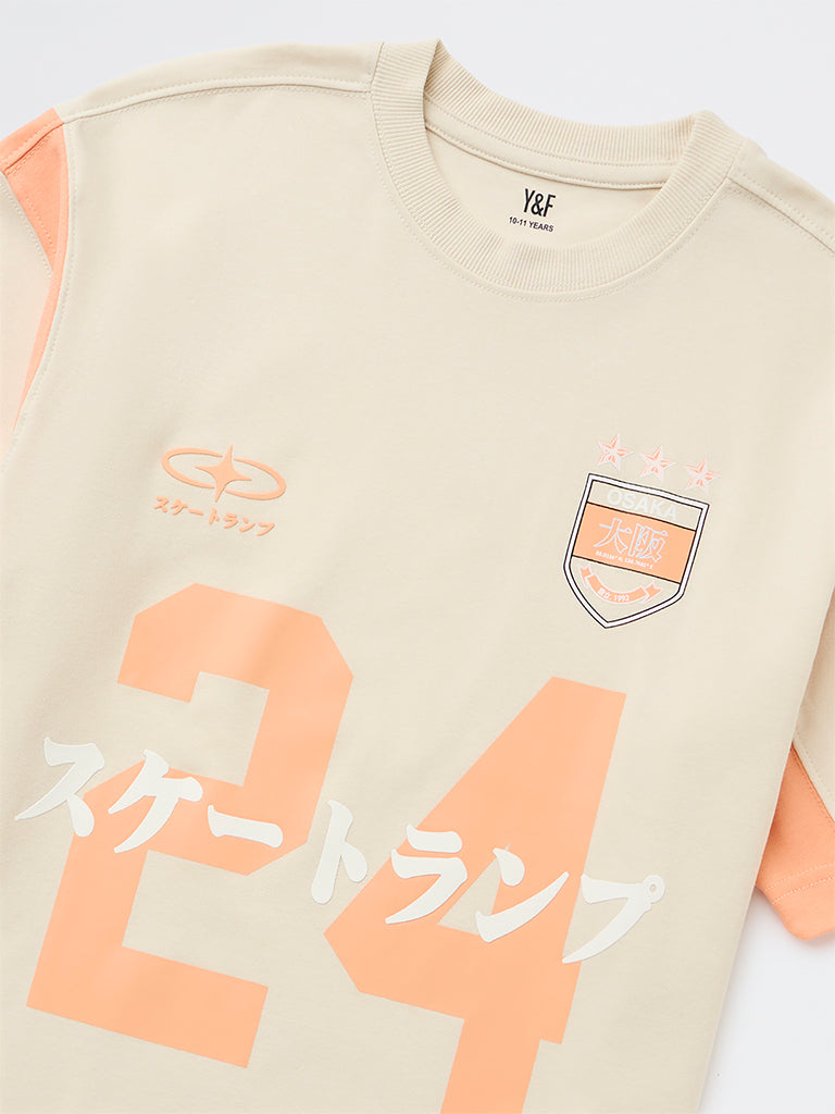 Boys Beige Printed Cotton T-Shirt