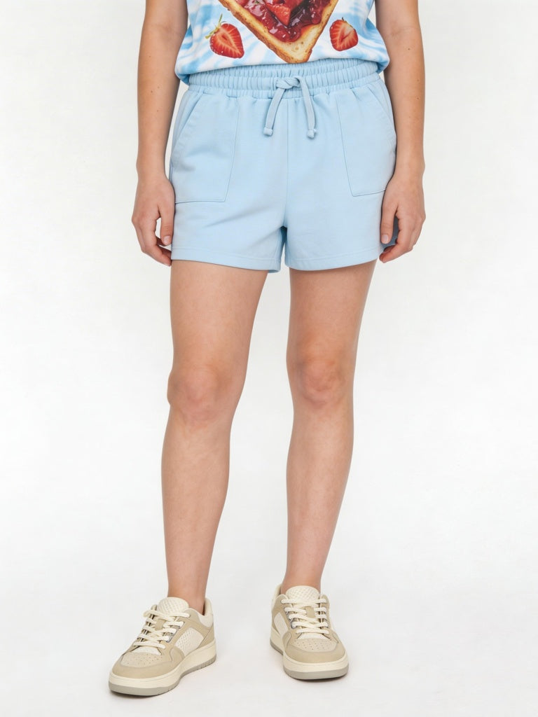 Girls Light Blue Solid High-Rise Cotton-Blend Shorts