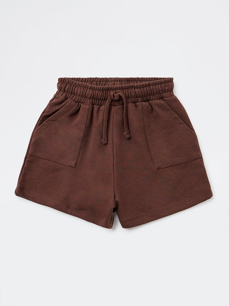 Girls Brown Solid High-Rise Cotton-Blend Shorts