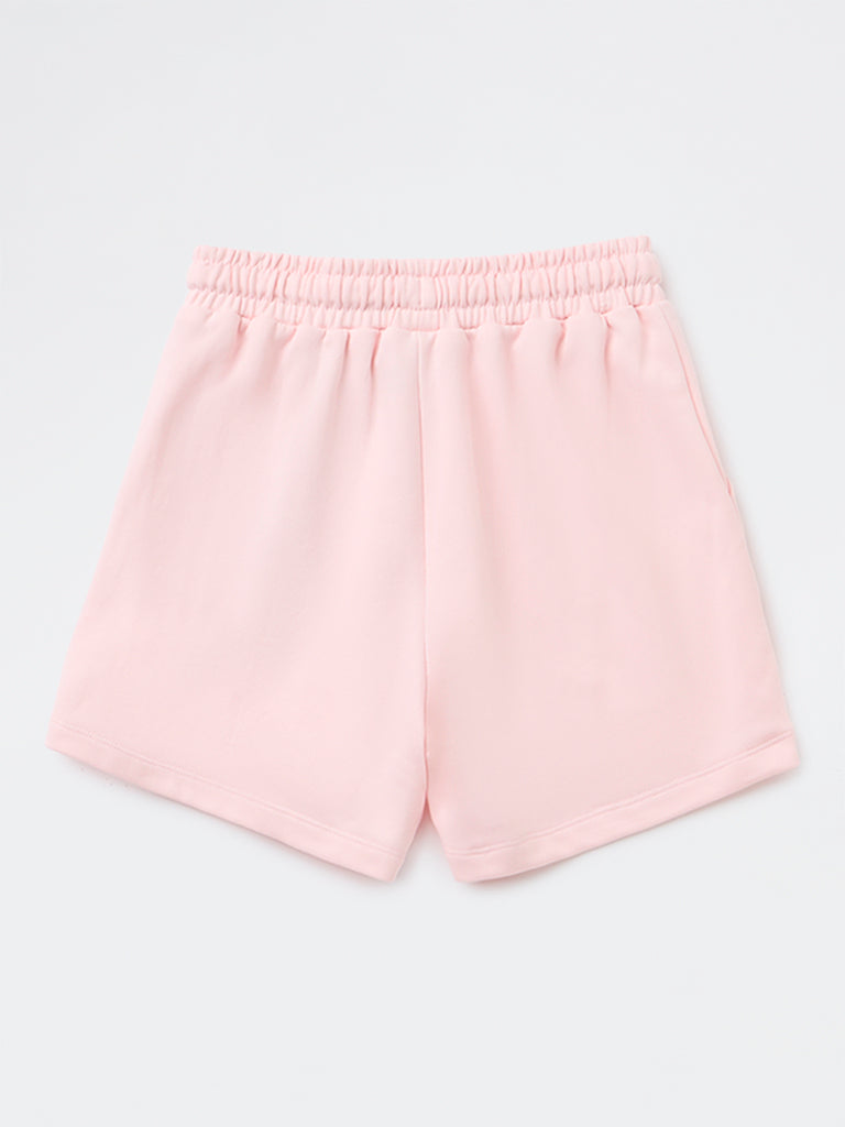 Girls Light Pink Solid High-Rise Cotton-Blend Shorts