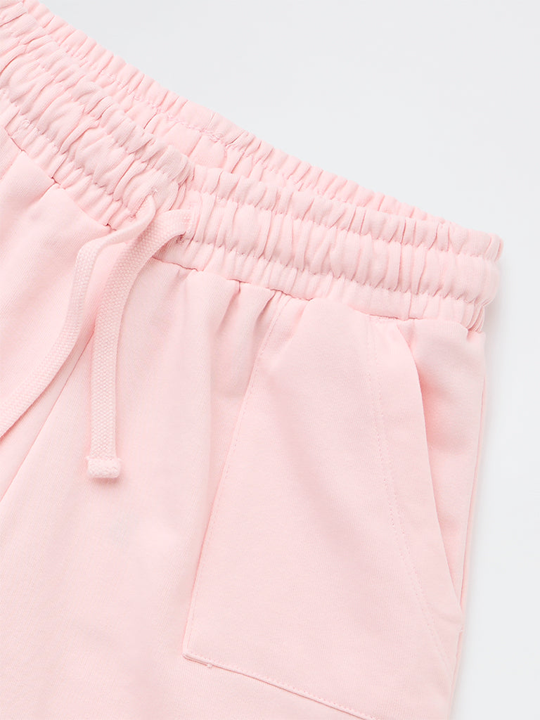 Girls Light Pink Solid High-Rise Cotton-Blend Shorts