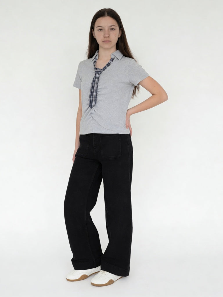 Girls Grey Cotton-Blend Top with Tie