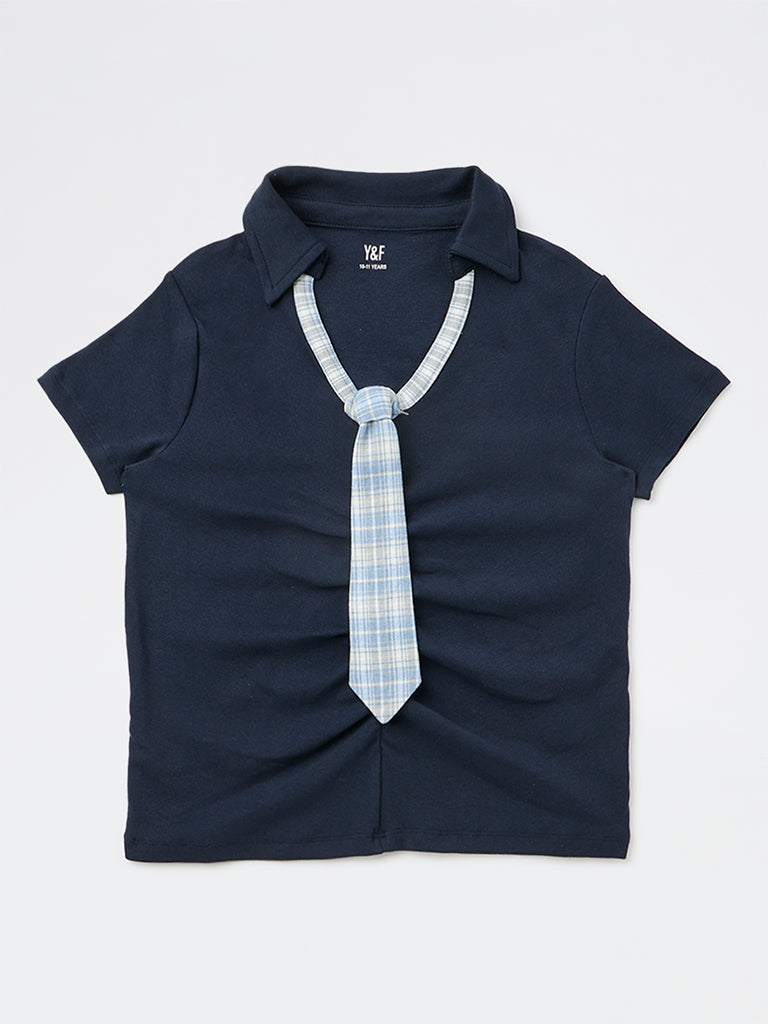 Girls Navy Cotton-Blend Tie Detailed Top