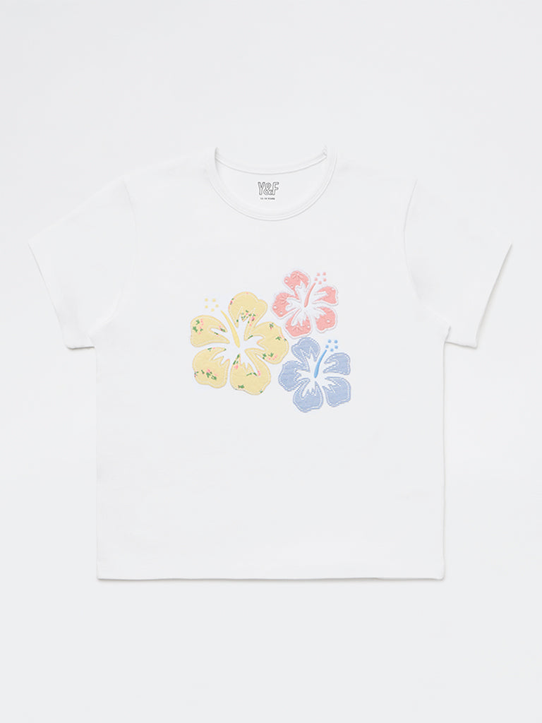 Girls White Floral Embroidered Cotton-Blend T-Shirt