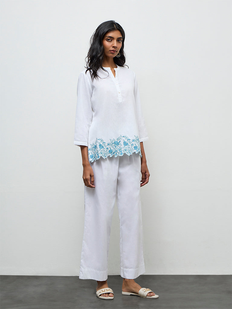 Utsa White Floral Embroidered Cotton-Blend Tunic