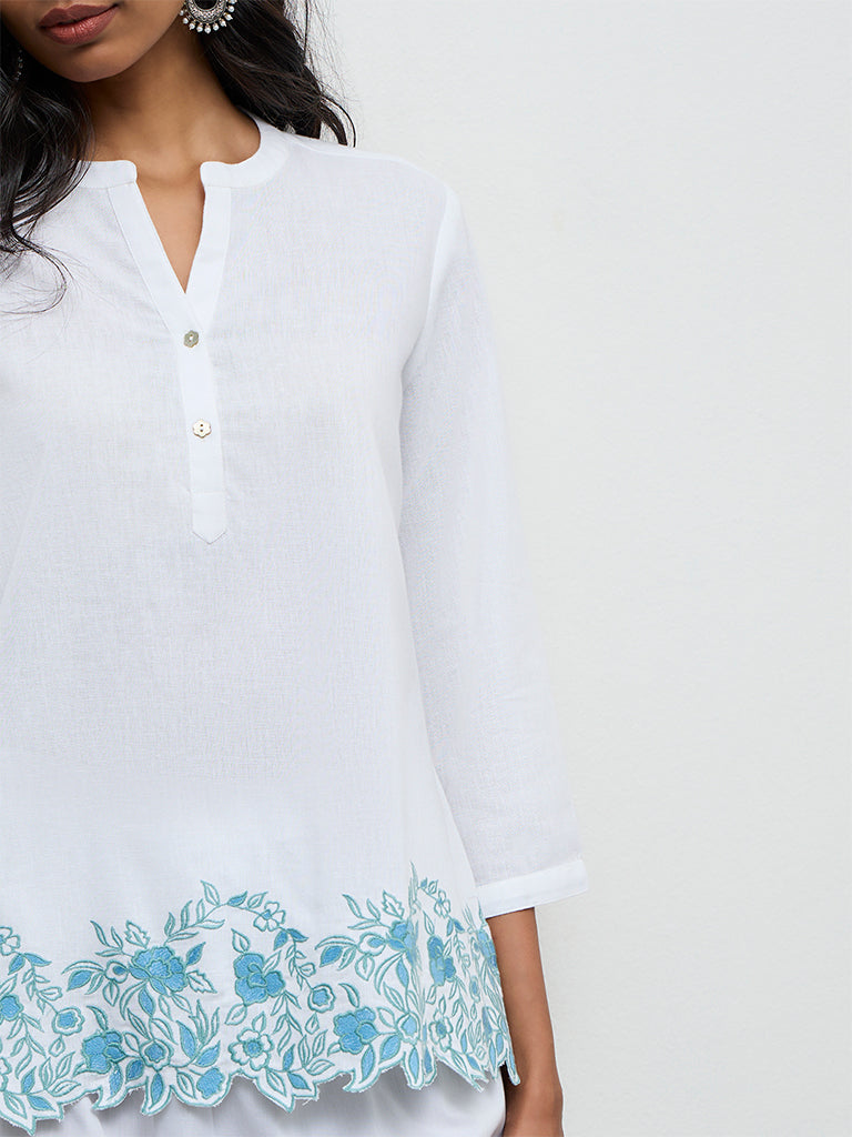 Utsa White Floral Embroidered Cotton-Blend Tunic