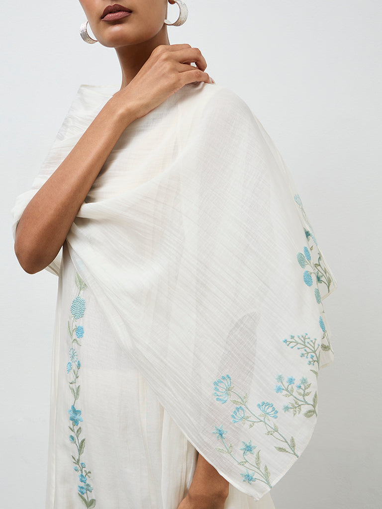 Zuba Ivory Floral Embroidered Dupatta