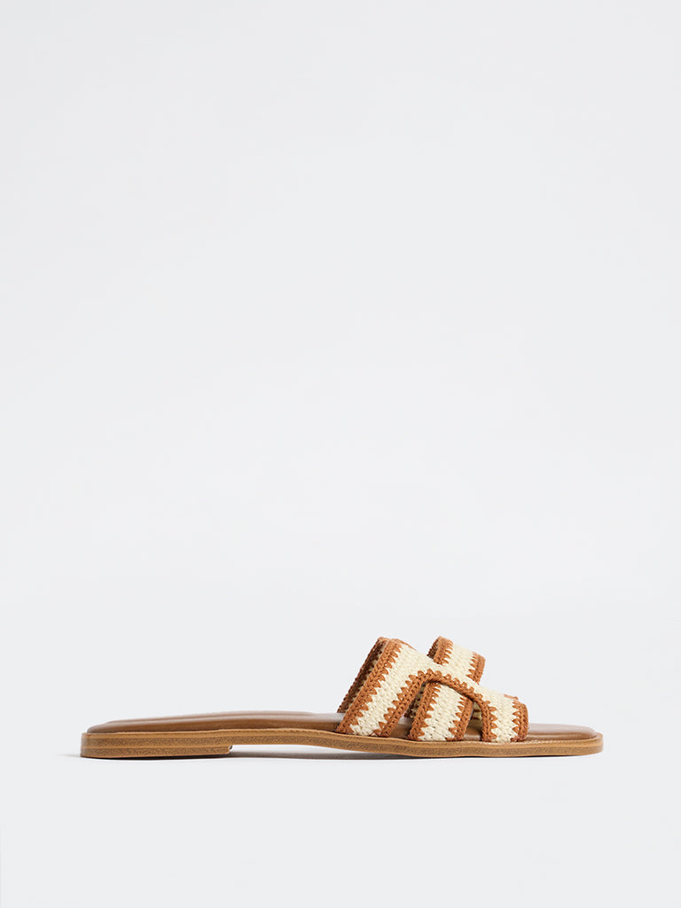 LUNA BLU Tan Knit-Textured Slides