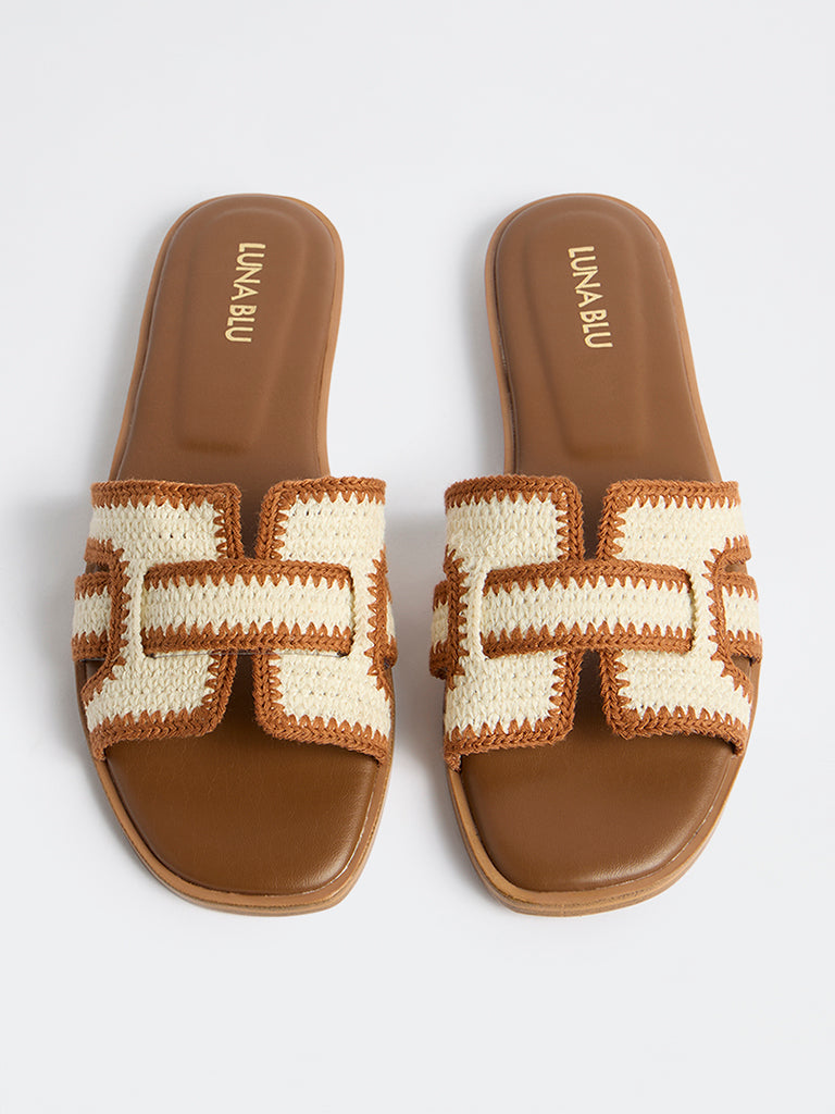 LUNA BLU Tan Knit-Textured Slides