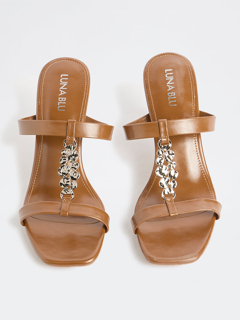 LUNA BLU Tan Embellished Strap Heel Sandals