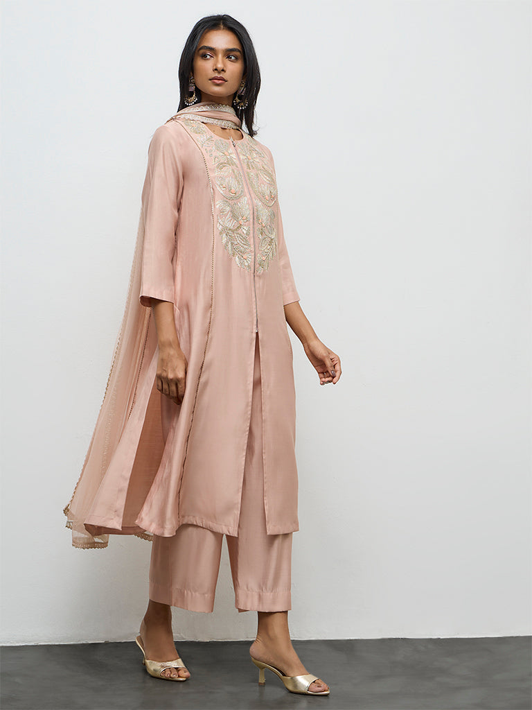 Vark Peach Embroidered A-Line Ethnic Set