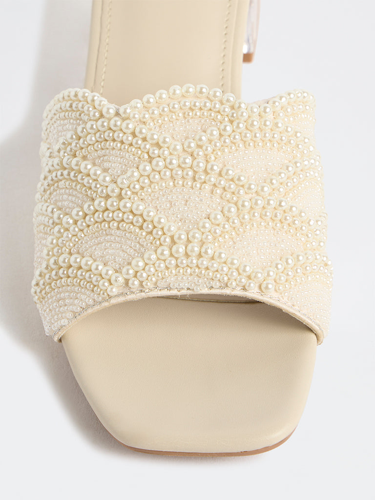 LUNA BLU Ivory Pearl-Detailed Block-Heel Sandals