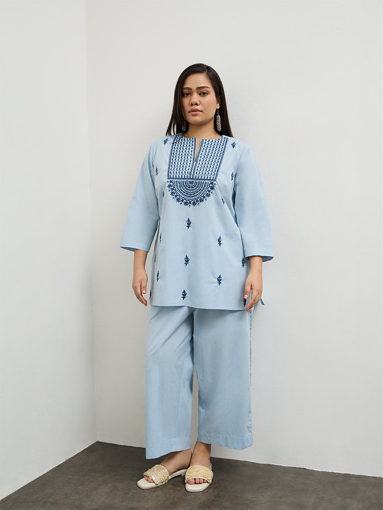 Diza Light Blue Embroidered Cotton Tunic