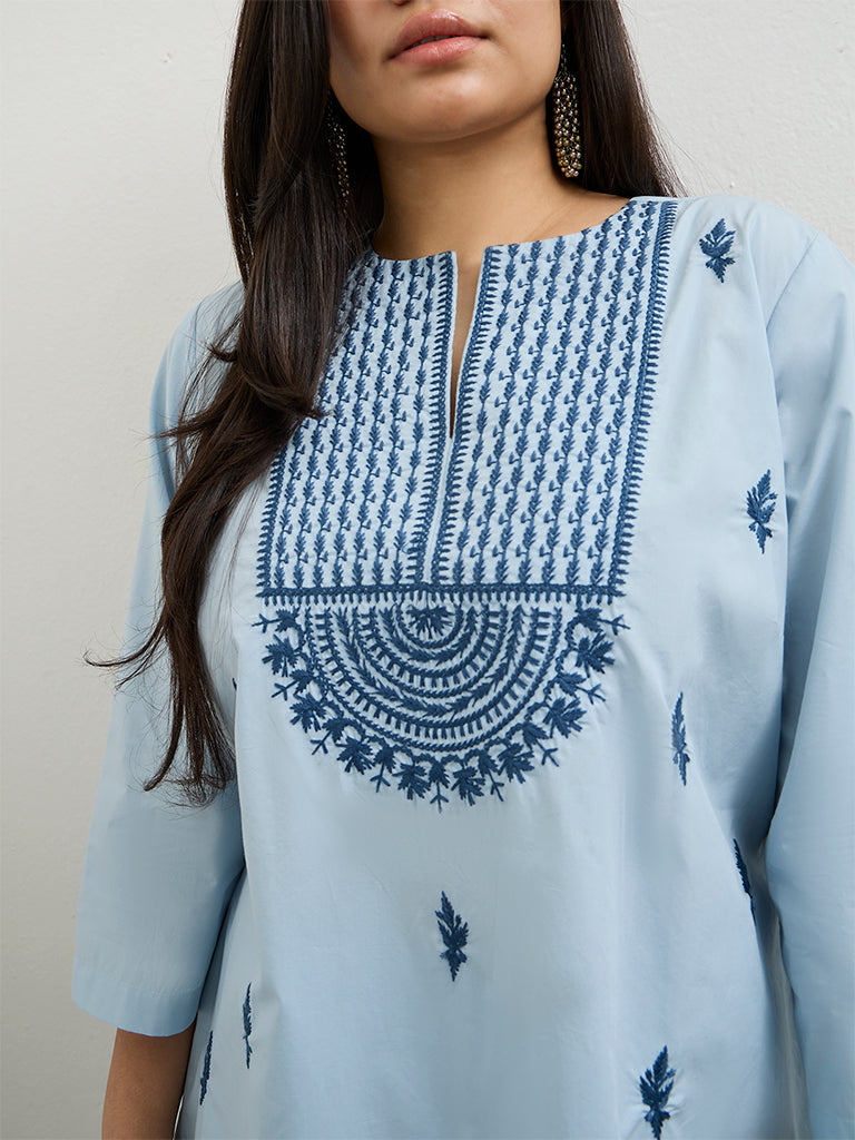 Diza Light Blue Embroidered Cotton Tunic