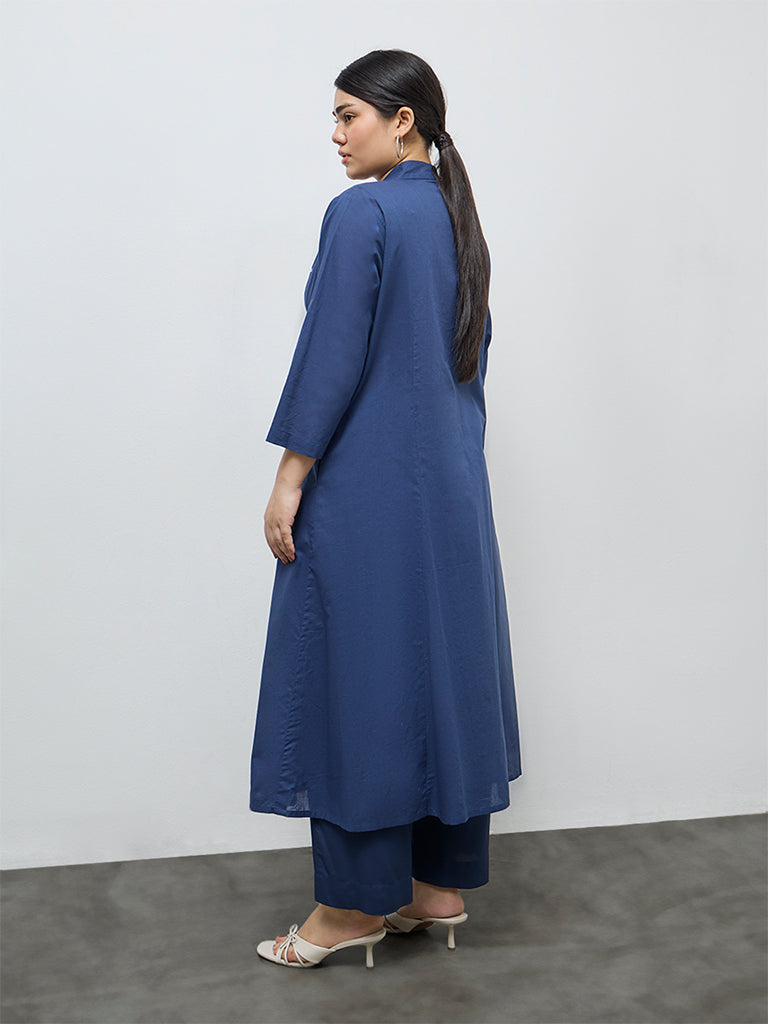 Diza Indigo Floral Embroidered Cotton A-Line Kurta