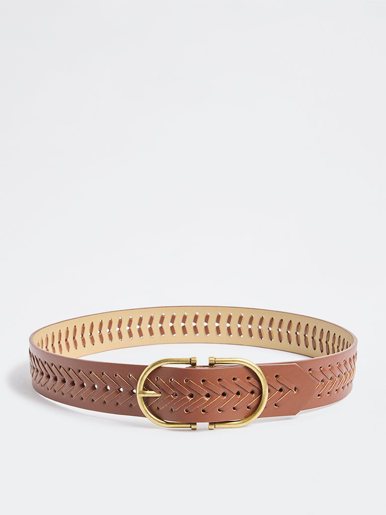 Westside Accessories Brown Woven Design Oval Buckle Belt