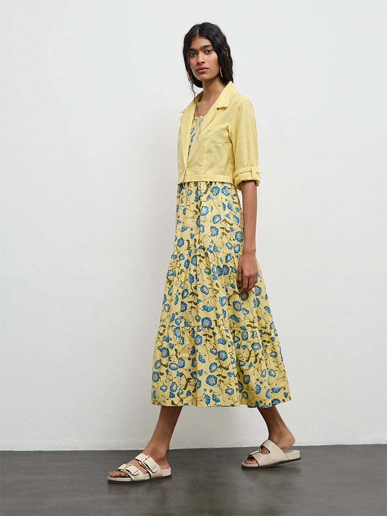 Bombay Paisley Yellow Floral Cotton Tiered Dress With Jacket