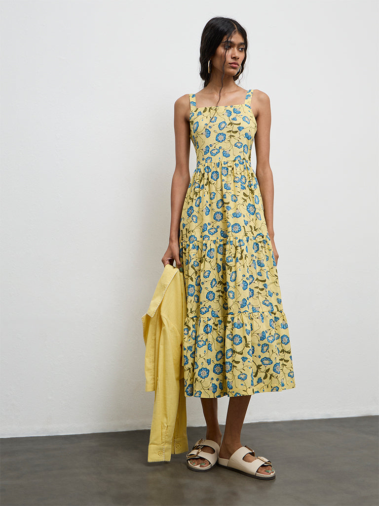 Bombay Paisley Yellow Floral Cotton Tiered Dress With Jacket