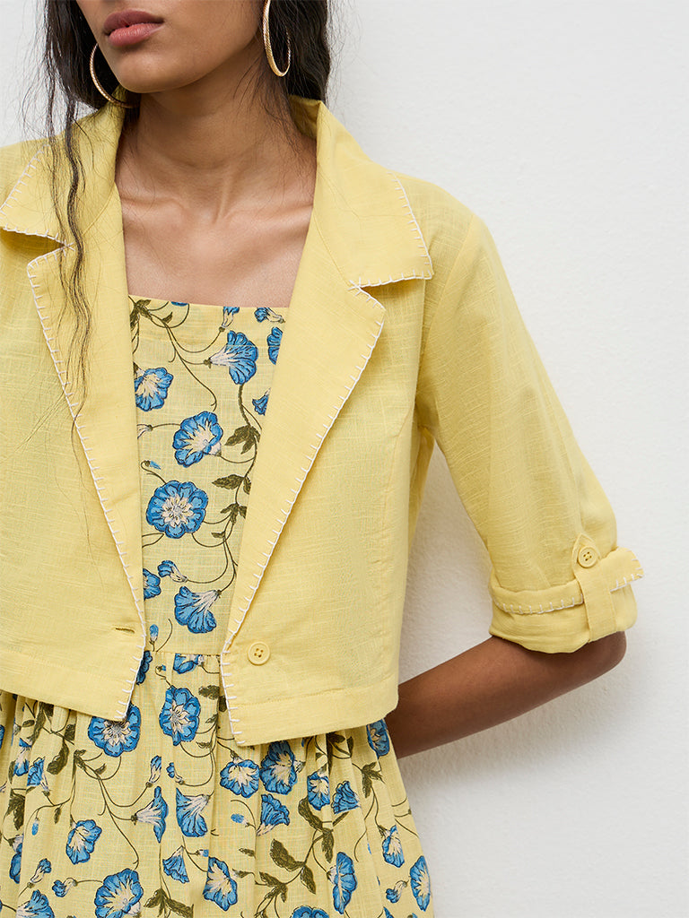 Bombay Paisley Yellow Floral Cotton Tiered Dress With Jacket