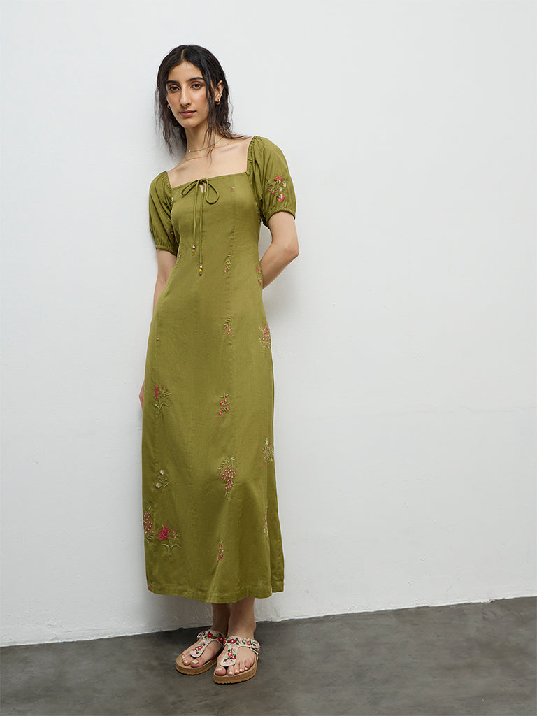 Bombay Paisley Olive Embroidered Cotton-Blend A-Line Dress