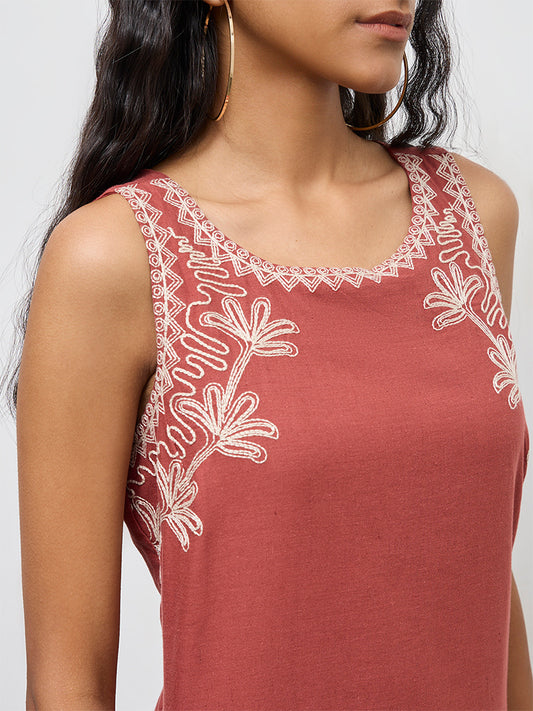 Bombay Paisley Rust Embroidered Cotton-Blend Shift Dress