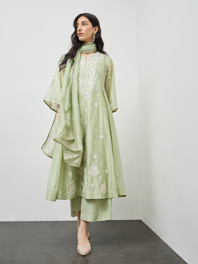 Vark Mint Embroidered Cotton-Blend A-Line Ethnic Set