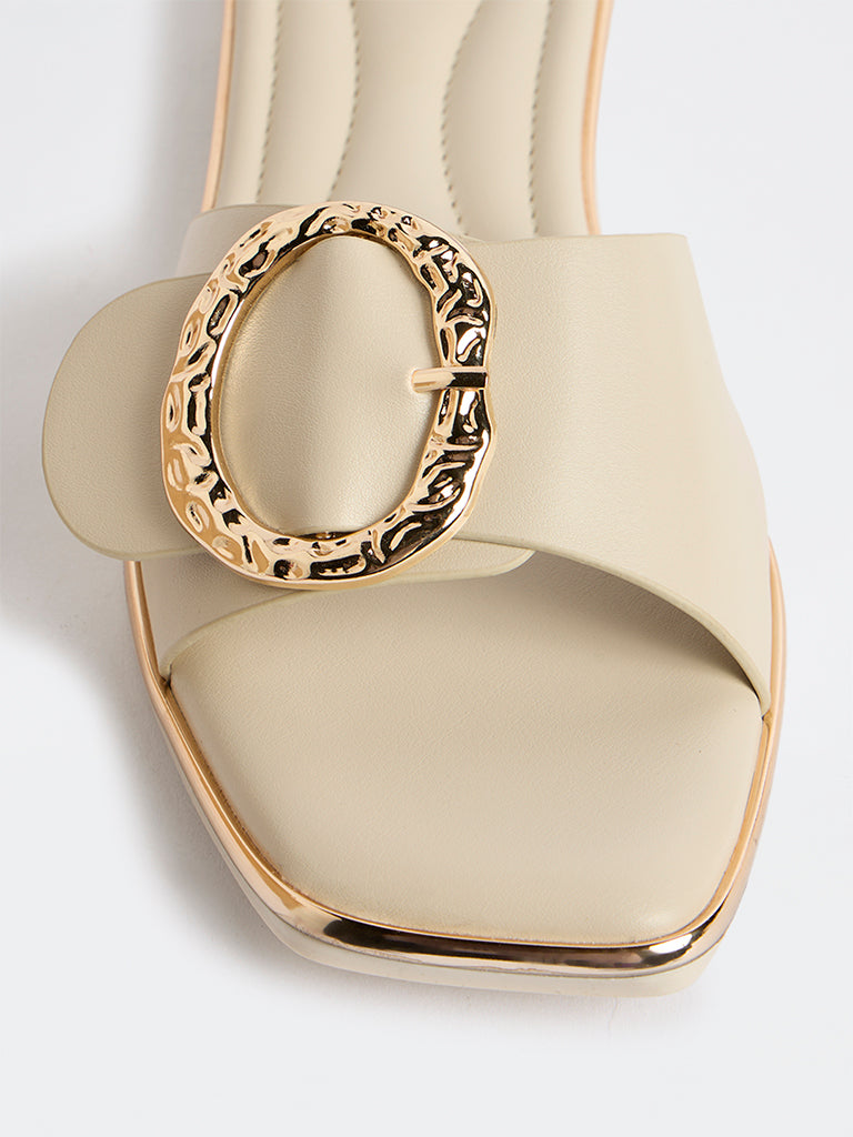LUNA BLU Beige Buckle-Detailed Slides