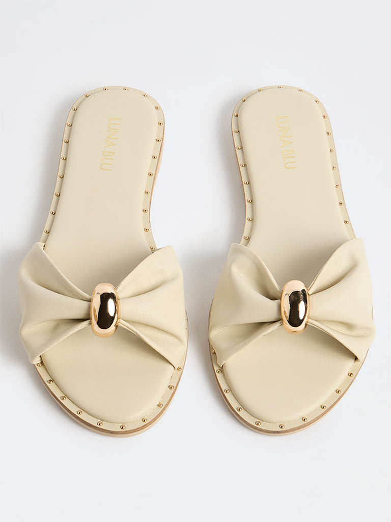 LUNA BLU Ivory Bow-Design Slides