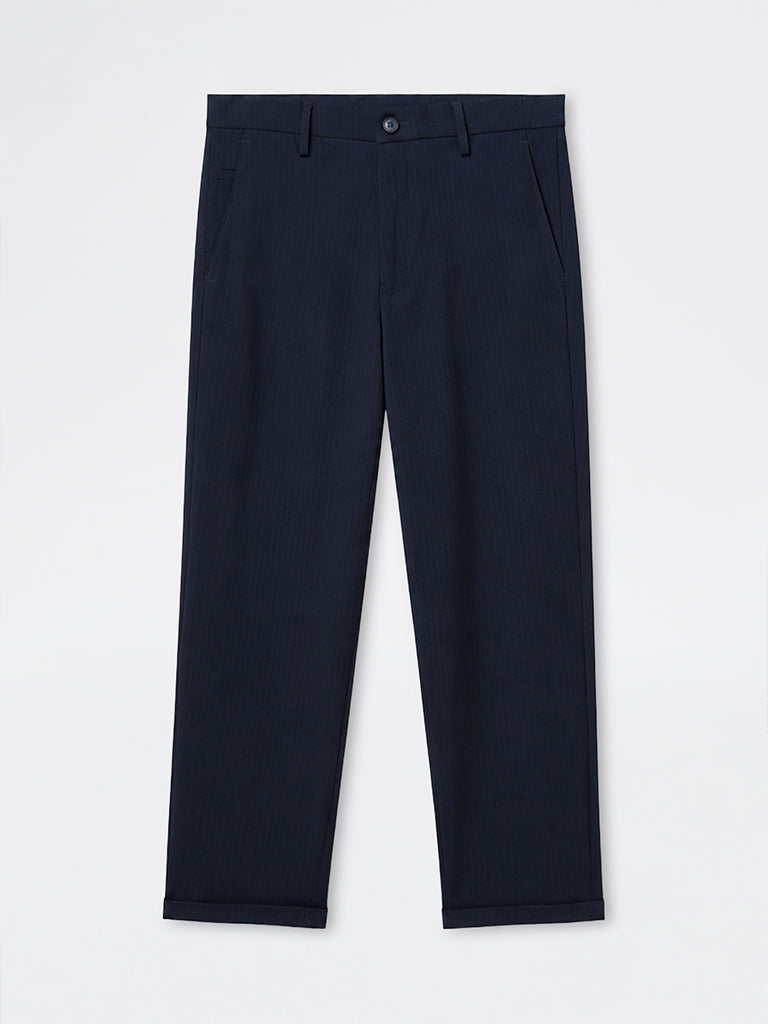 WES Formals Navy Pinstriped Slim-Fit Mid-Rise Trousers