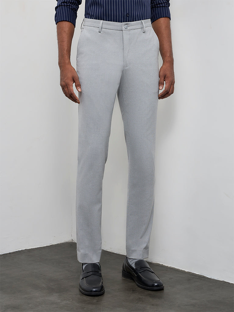 WES Formals Light Grey Ultra Slim-Fit Mid-Rise Trousers