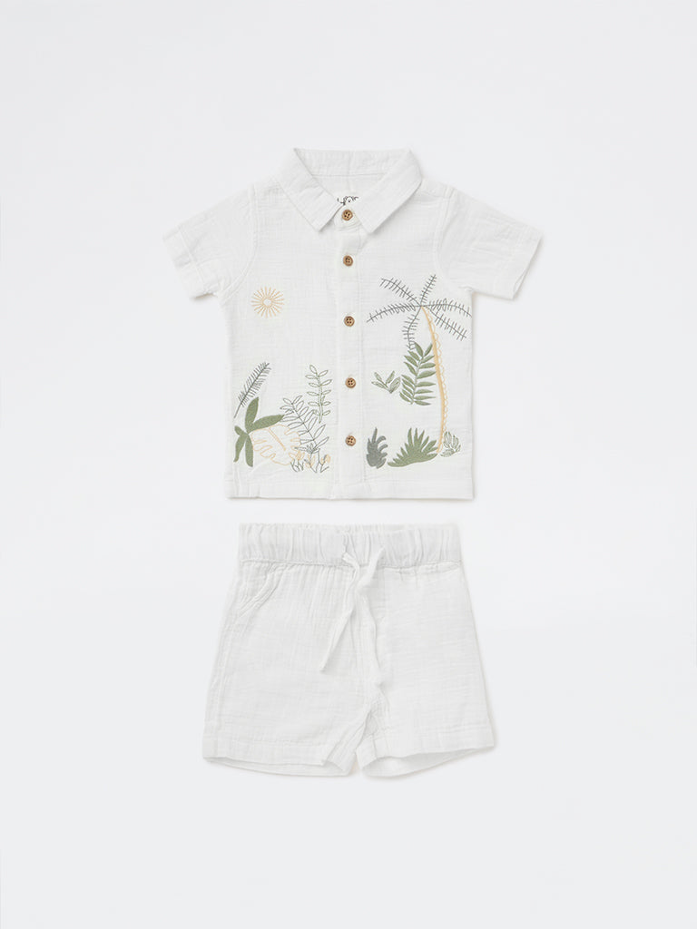 HOP Baby Boys White Embroidered Cotton Shirt and Shorts Set
