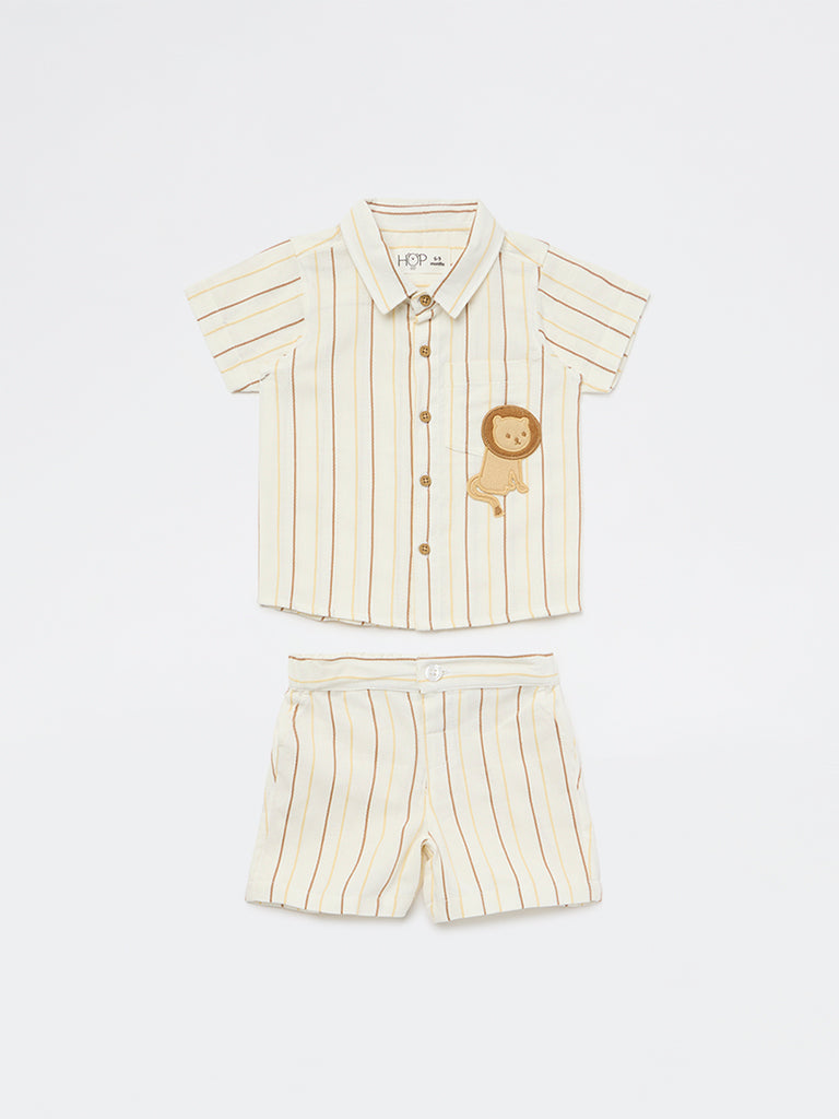HOP Baby Boys White Striped Cotton Shirt and Shorts Set