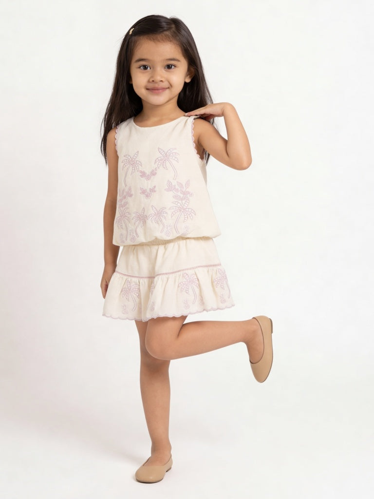HOP Kids Girls Off White Embroidered Cotton Top and Skirt Set