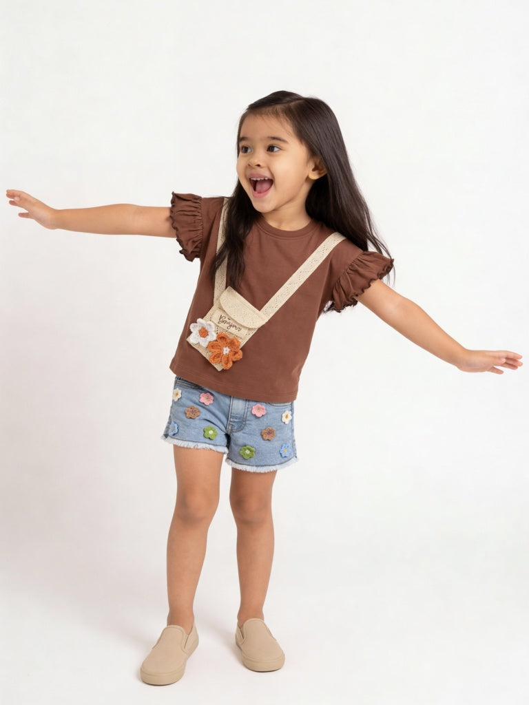HOP Kids Girls Brown Floral Embroidered Cotton Top