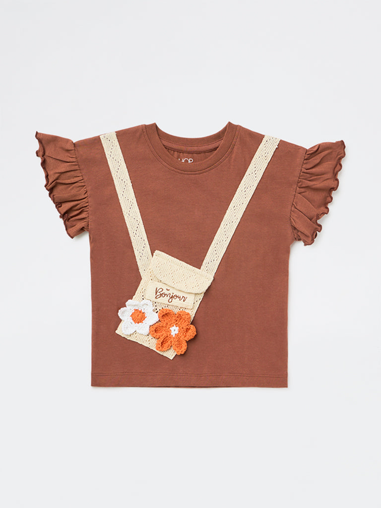 HOP Kids Girls Brown Floral Embroidered Cotton Top