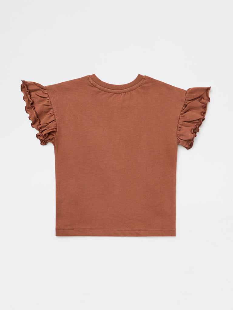 HOP Kids Girls Brown Floral Embroidered Cotton Top