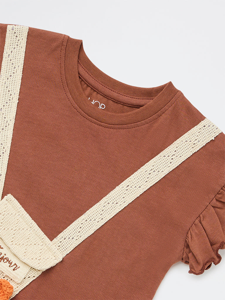 HOP Kids Girls Brown Floral Embroidered Cotton Top