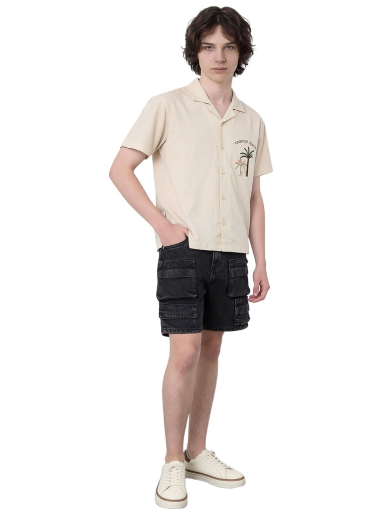 Boys Black Mid-Rise Denim Cargo Shorts