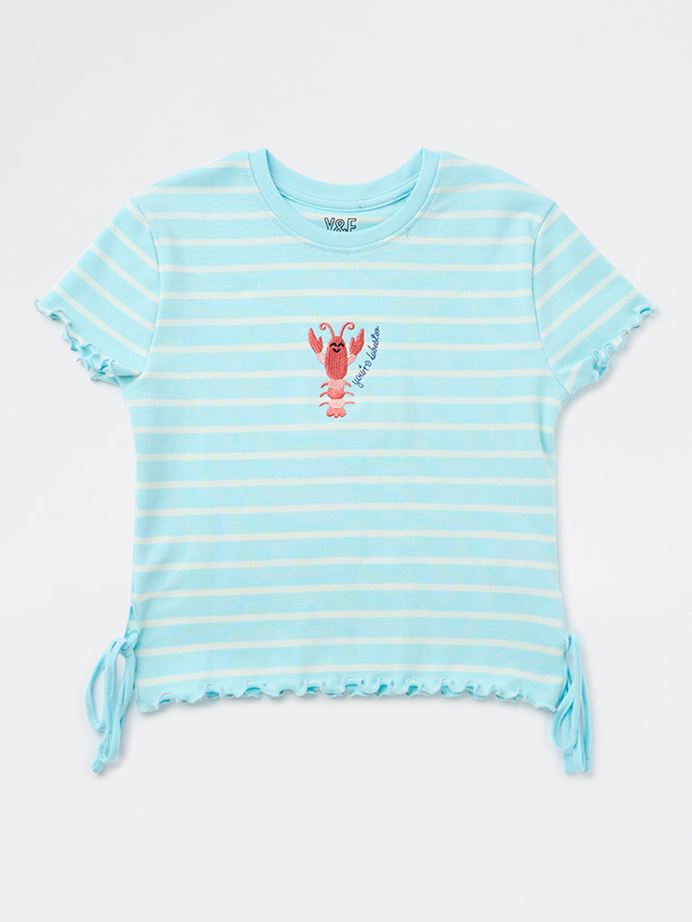 Girls Blue Striped Cotton-Blend T-Shirt