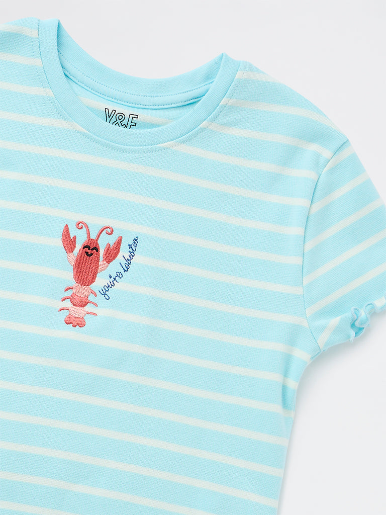 Girls Blue Striped Cotton-Blend T-Shirt