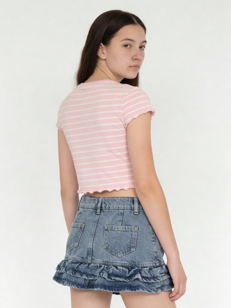 Girls Pink Striped Cotton-Blend T-Shirt