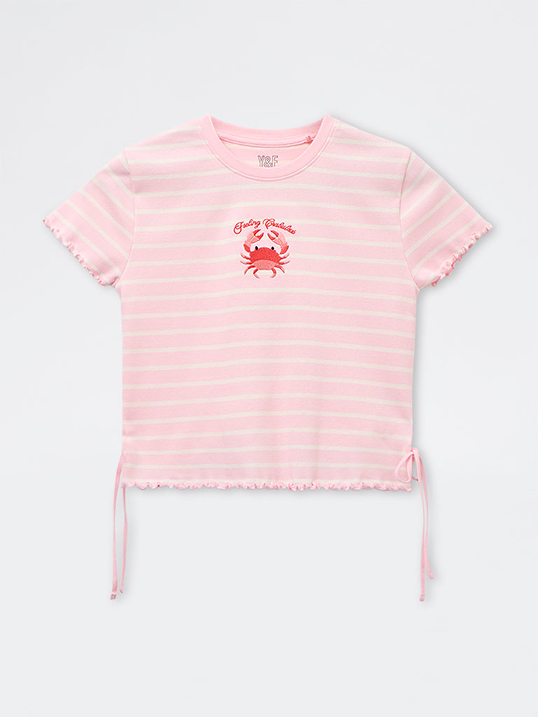 Girls Pink Striped Cotton-Blend T-Shirt
