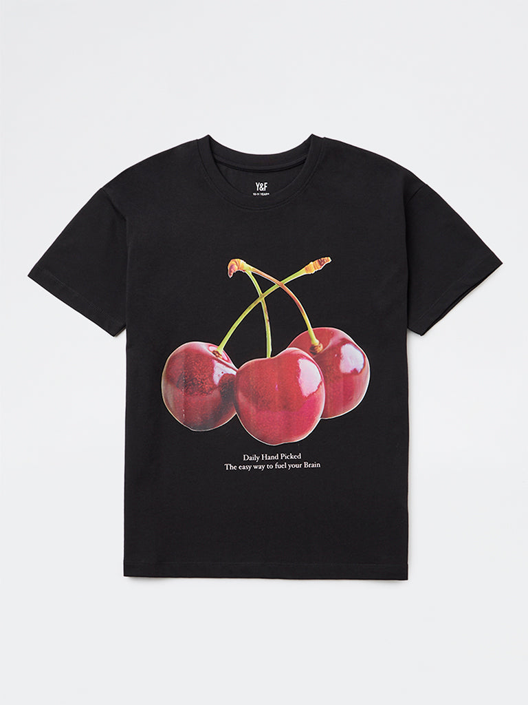 Girls Black Graphic Printed Cotton T-Shirt
