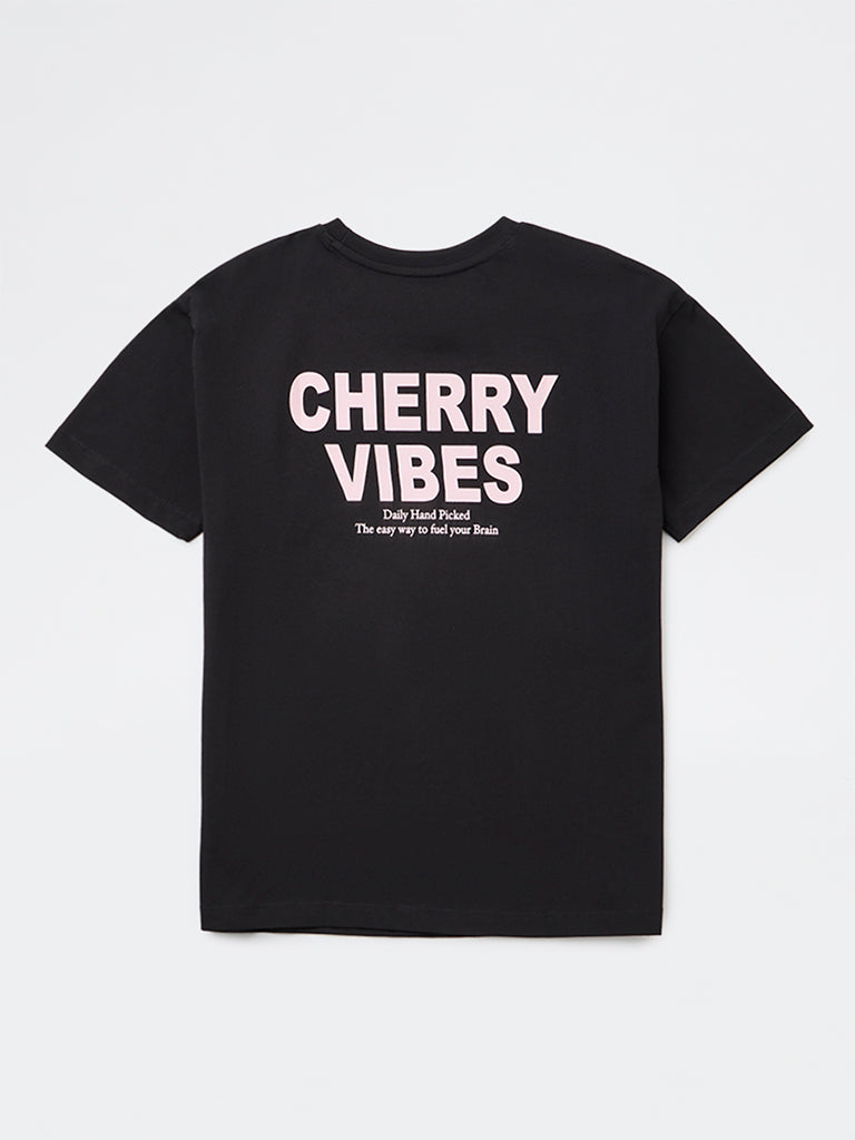 Girls Black Graphic Printed Cotton T-Shirt