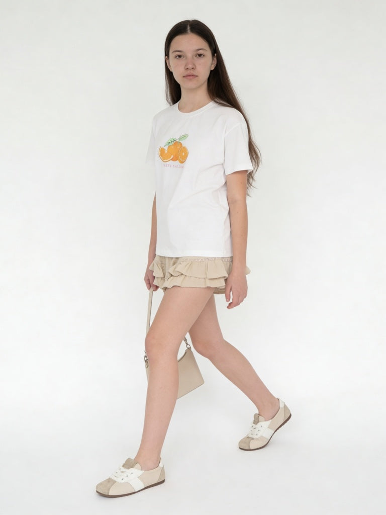 Girls White Fruit Printed Cotton T-Shirt