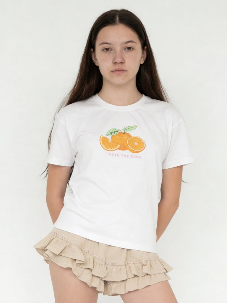Girls White Fruit Printed Cotton T-Shirt