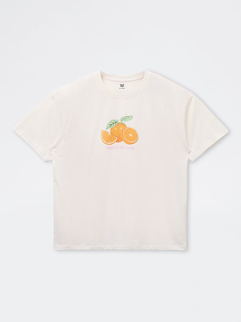 Girls White Fruit Printed Cotton T-Shirt